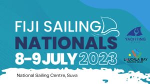 Image of sailing boats on a beautiful ocean with participants competing in the Fiji National Sailing Championships in Suva